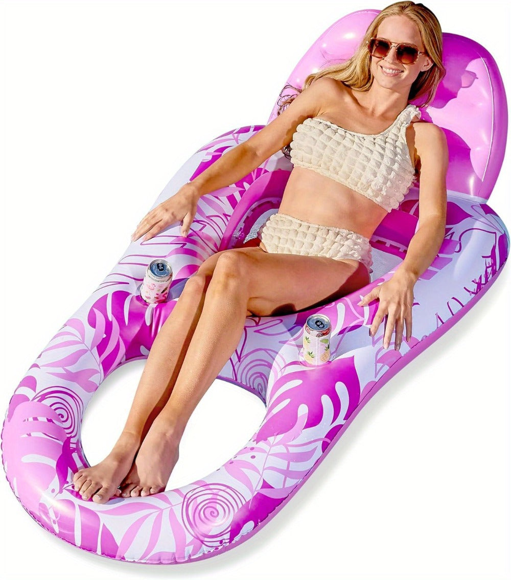 Pink Tropical Inflatable Pool Recliner Float, 60 x 36 x 24 Inches with Mesh Seat and Cup Holder
