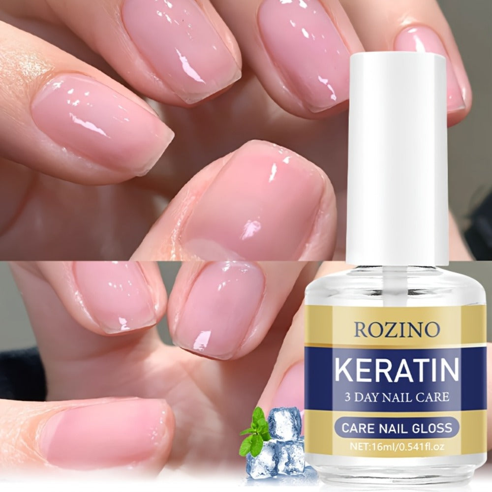 Three-Piece Keratin-Labeled Nail Care Gloss Set in Clear Bottles for Fingernail and Toenail Application