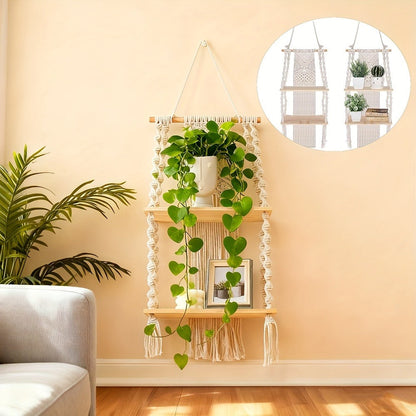 Macrame Wall Hanging with Tassel, Boho Woven Wall Decor for Living Room Bedroom Balcony, Two-Layer Lace Plant Hanger for Photo Frames & Small Plants – Bohemian Home Decor Wall Art