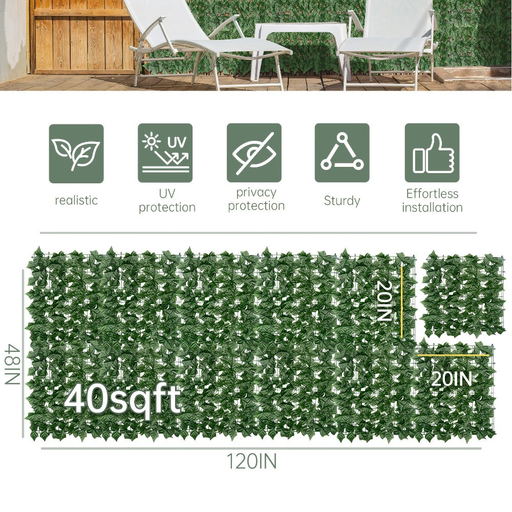 Artificial Ivy Privacy Fence Screen in 13 Size Options with Cuttable Green Leaf Panels for Patio or Balcony
