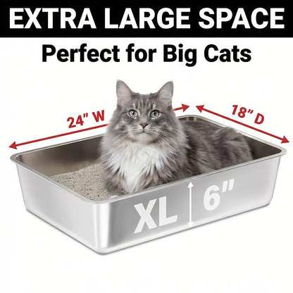 Large Stainless Steel Cat Litter Box 24x16x6 Inch Heavy Duty Rust-Proof Easy Clean Open Top Metal Litter Pan for Big Cats & Rabbits Long-Lasting Durability