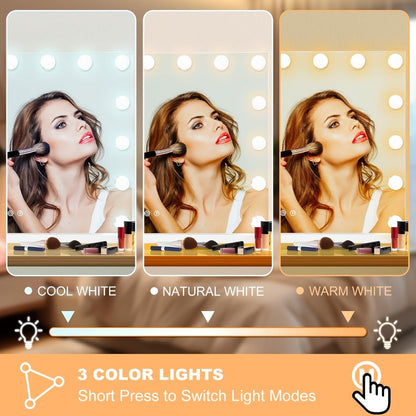 Hollywood Vanity Mirror with Lights – 15 LED Bulbs, 3 Color Modes, Dimmable Brightness, 23x18 Inch, USB & Type-C Charging, Touch Control, Desk & Wall Mount, Metal Frame Makeup Mirror