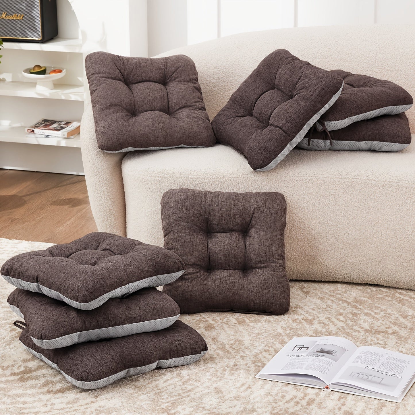 Tufted Chair Cushion Sets in 4- or 8-Piece Options with M/L Sizes, Tie Straps and 12 Color Choices