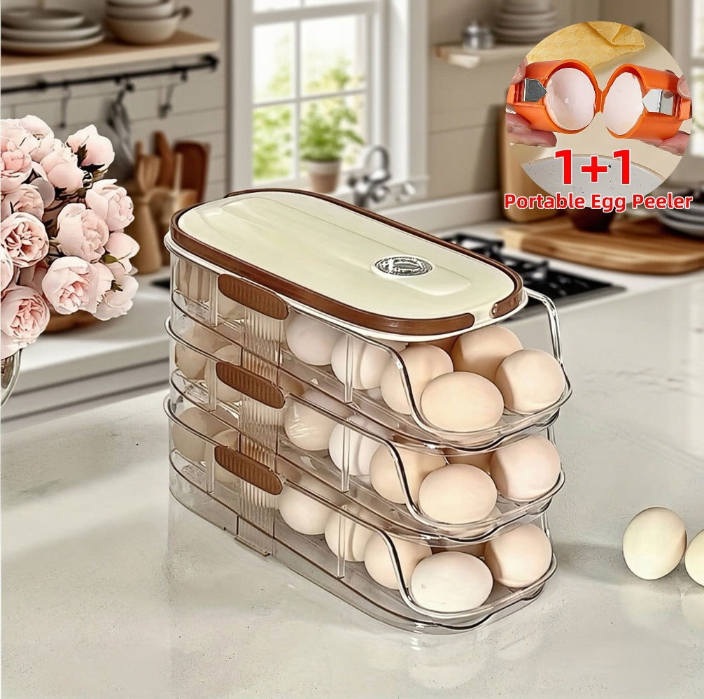 Egg Rack Kitchen Organizer Double-Row Auto-Rolling Dispenser with One, Two or Three Layer Options