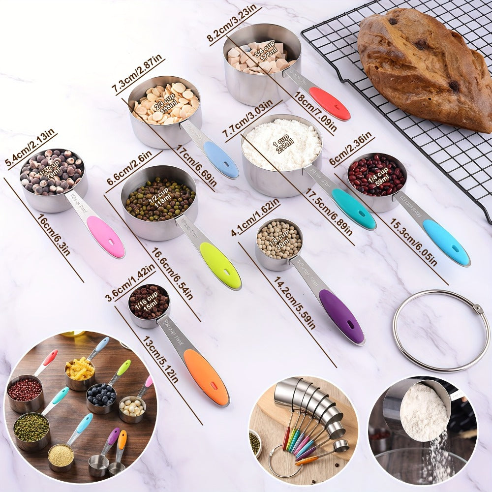 Seventeen-Piece Stainless Steel Measuring Cup and Spoon Set with Eight Cups, Eight Spoons and Leveler