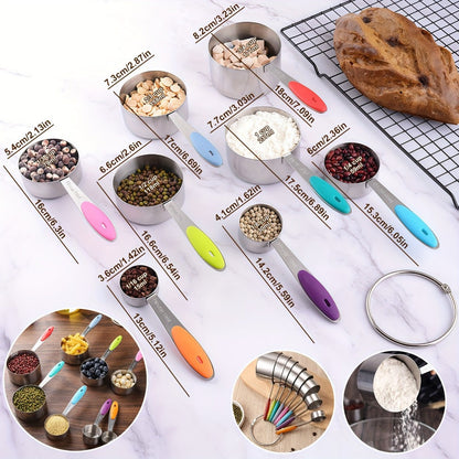 Seventeen-Piece Stainless Steel Measuring Cup and Spoon Set with Eight Cups, Eight Spoons and Leveler