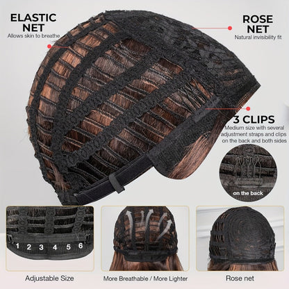 10-Inch Yaki Straight Synthetic Bob Wig with Bangs, M4/30 Brown Highlights and Adjustable Rose-Net Cap