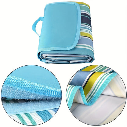 80 x 60-Inch Picnic Blanket in Blue and Green Striped 600D Oxford Fabric with Folding Carry Handle