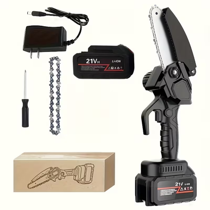 Electric Mini Chainsaw 6-Inch with Debris Guard & Toolbox - Cordless Handheld Pruning Saw with Safety Lock, Rechargeable Battery & Alloy Chain for Tree Pruning, Branch Cutting & Garden Use