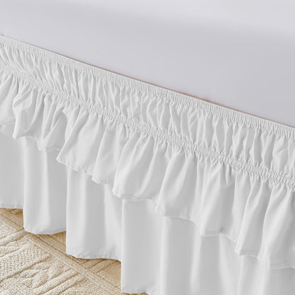 Double Ruffle Bed Skirt 16" Drop | Elastic Wrap Around Dust Ruffle for Twin Full Queen King Bed | Easy Install Machine Washable Soft Linen Poly Blend Bedskirt