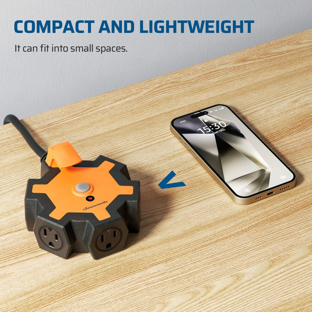 Power Strip Industrial 5-Outlet Hub with 15-Foot 14/3 AWG SJTW Cord, Circuit Breaker and Swivel Covers