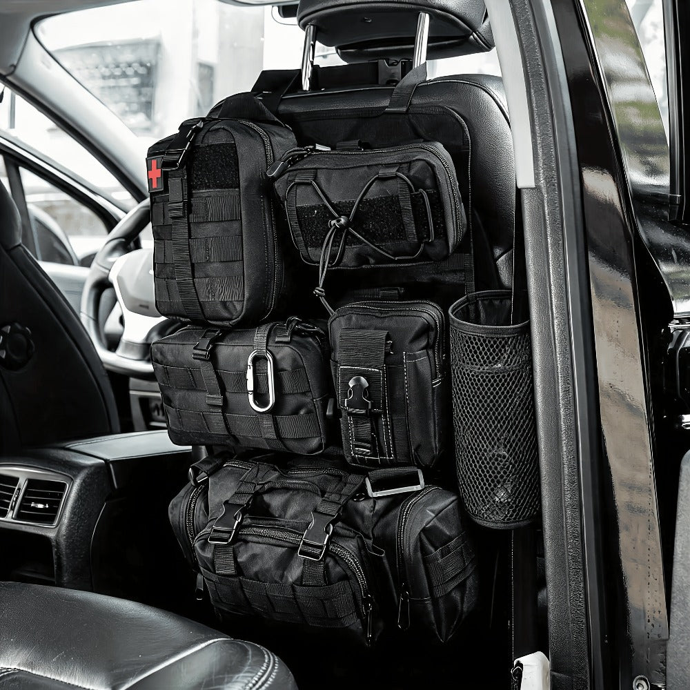 Tactical Car Seat Organizer – MOLLE Nylon Seat Back Storage Bag with 5 Pockets, Front & Rear Seat Protector for Jeep, Truck, SUV | Car Interior Accessories for Men & Women