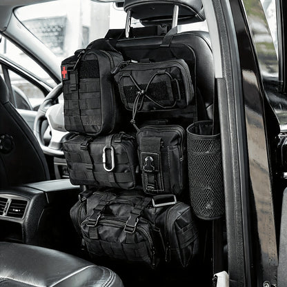 Tactical Car Seat Organizer – MOLLE Nylon Seat Back Storage Bag with 5 Pockets, Front & Rear Seat Protector for Jeep, Truck, SUV | Car Interior Accessories for Men & Women