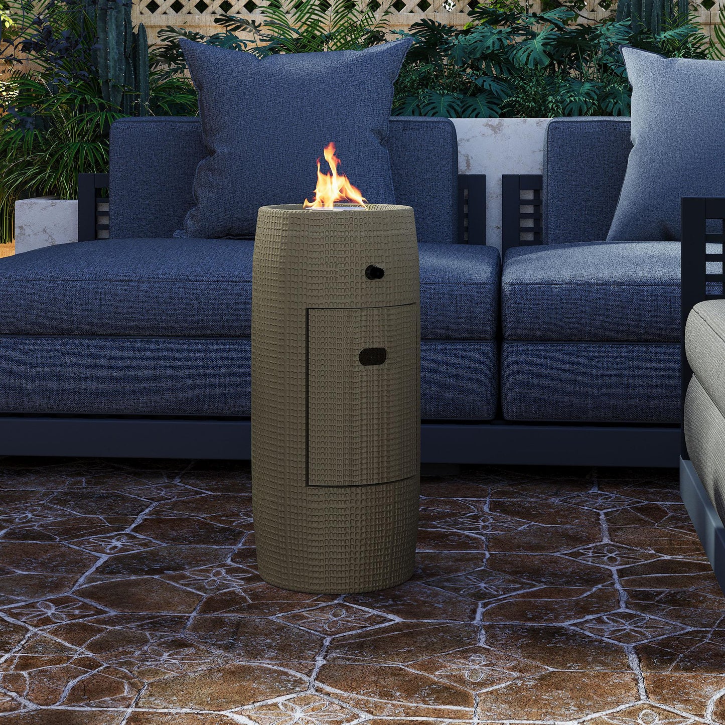 Propane Fire Pit Portable 11 Inch Outdoor 15000 BTU Self-Lighting Heavy Duty Metal Concrete All-Weather Round Patio Heater with Rain Cover for Backyard Camping Pool Party
