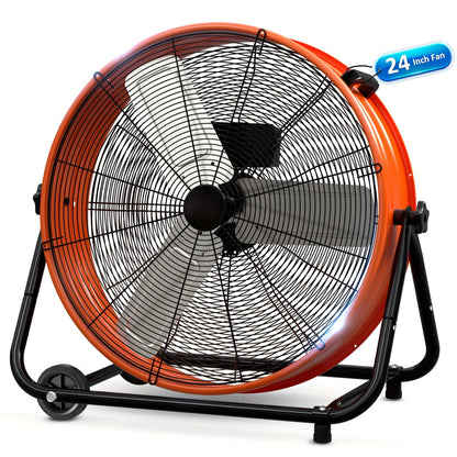 Industrial Drum Floor Fan with Three Speeds, Tilt Frame and 24- or 30-Inch Black, Orange, Green or Yellow Options