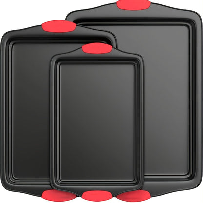 Three-Pan Gray Baking Sheet Set or Nine-Piece Kit with Six Utensils and Red Silicone Grips