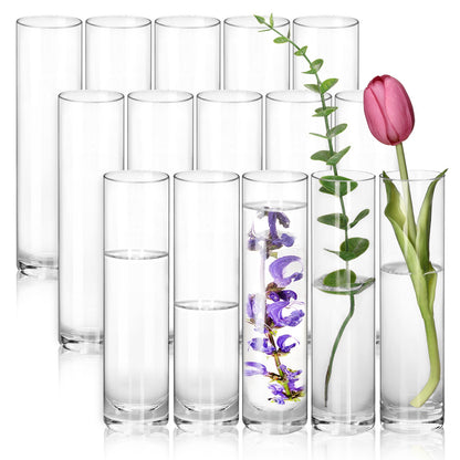 Fifteen-Piece Clear Glass Cylinder Vase Set with 7.5-Inch Height, 1.7-Inch Diameter and Stable Round Base