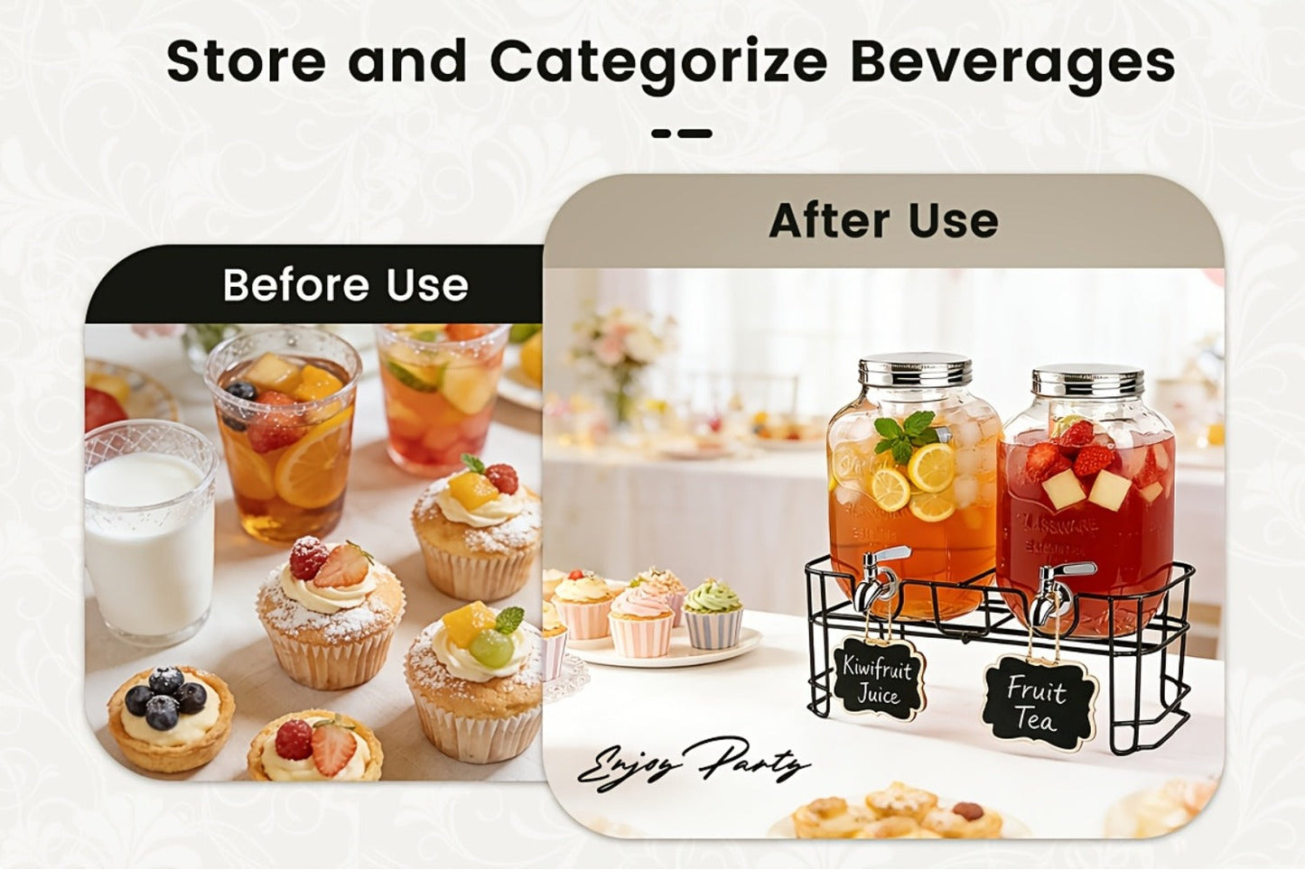 Two 1-Gallon Glass Beverage Dispensers with Spigots and Raised Metal Stand for Parties and Events