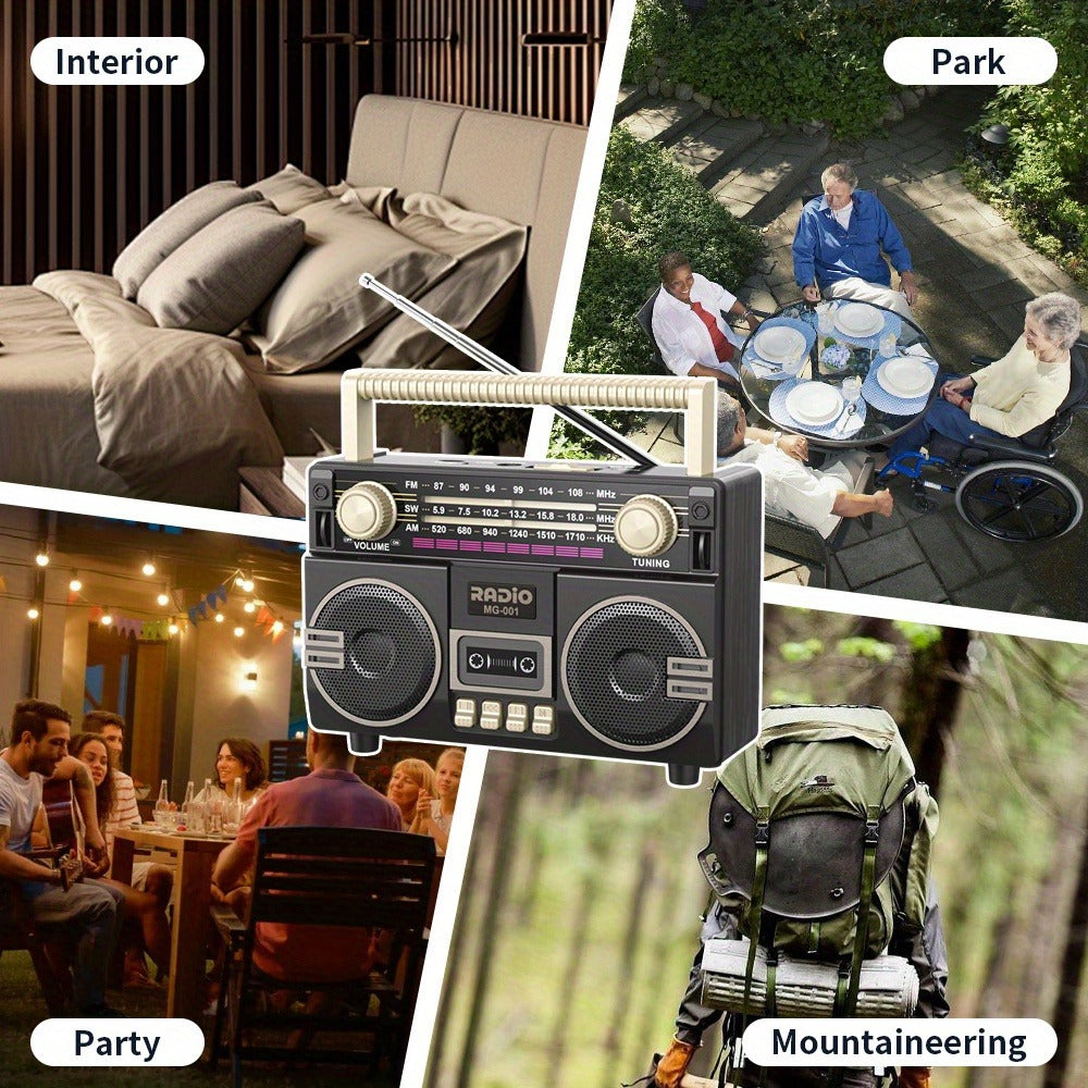 Portable AM/FM/SW Radio with 1200mAh Battery, Bluetooth, USB/TF/AUX Playback and LED Flashlight