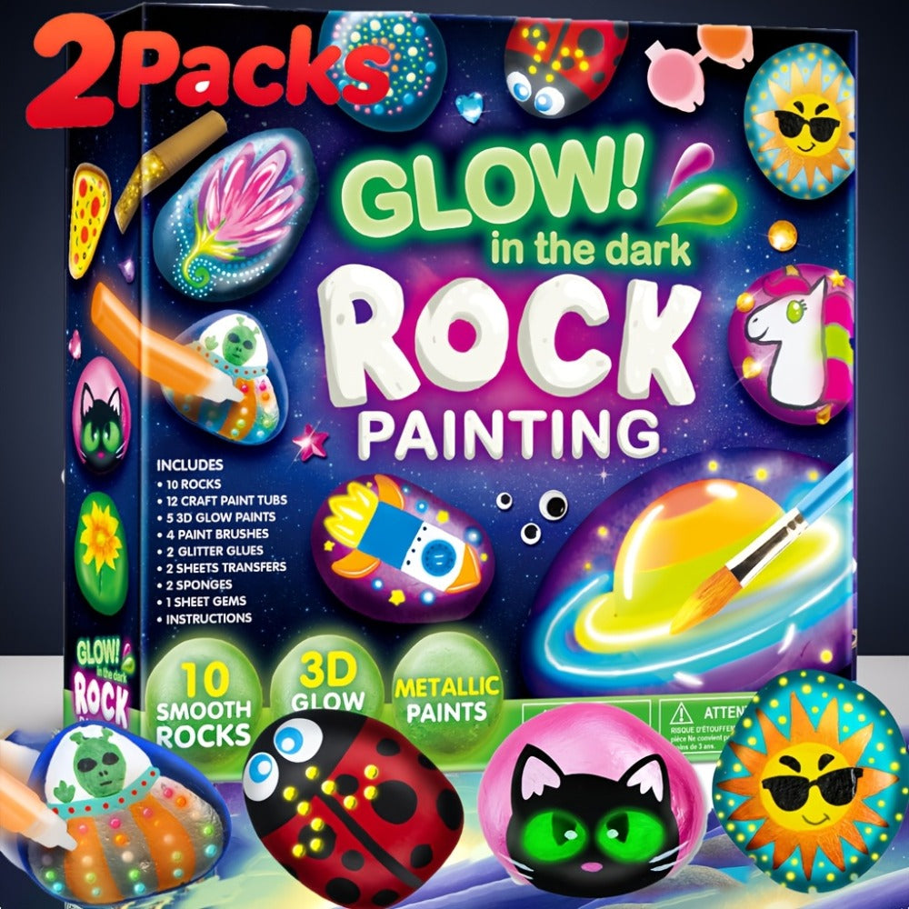 Rock Painting Kit for Kids Glow in the Dark – 10 Rocks Metallic & Glow Paints Gems Glitter Brushes Stickers All-in-One Craft Set for Boys Girls Ages 6+ Birthday Easter Christmas Gift