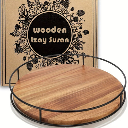 Wooden Turntable Kitchen Organizer 12-Inch Rotating Tray with Steel Armrests for Pantry or Countertop