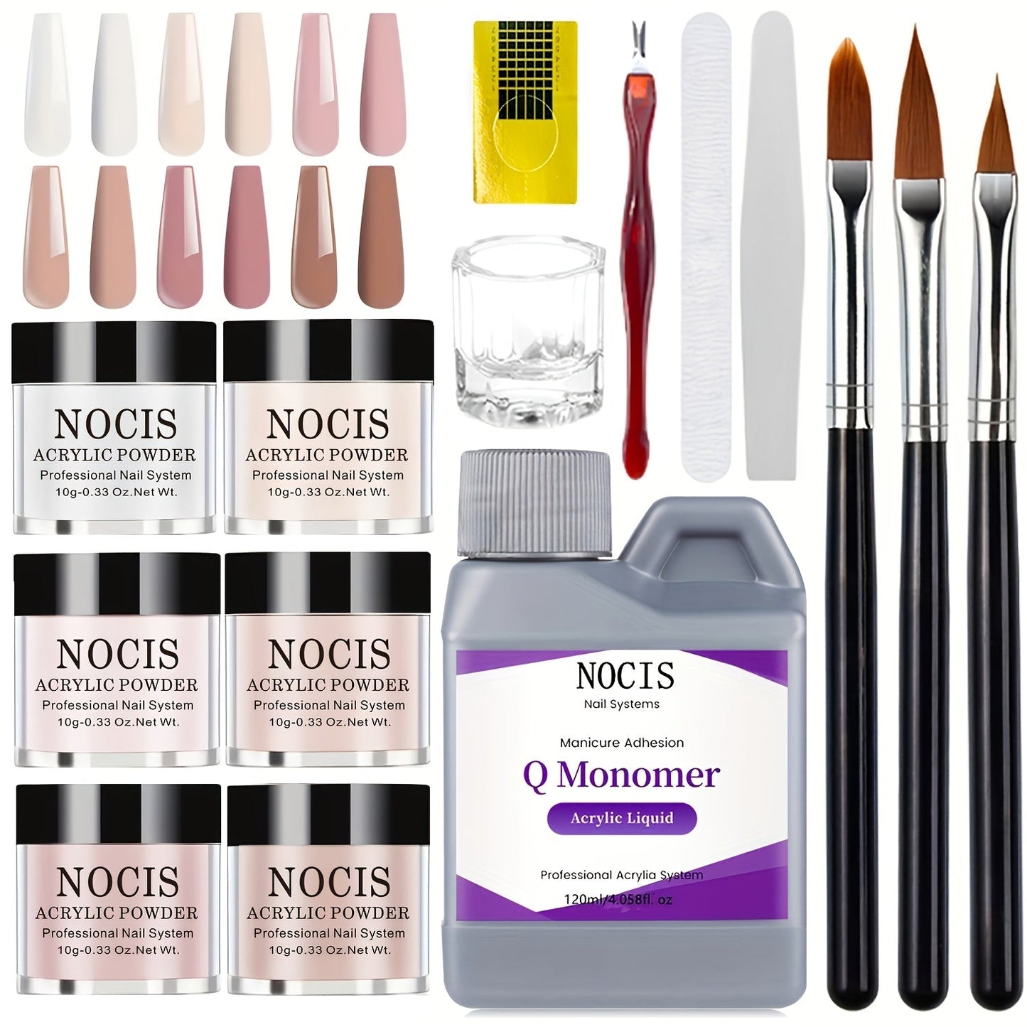 Six-Color Acrylic Nail Powder Set with Monomer Bottle and Application Tool Assortment in Three Set Codes