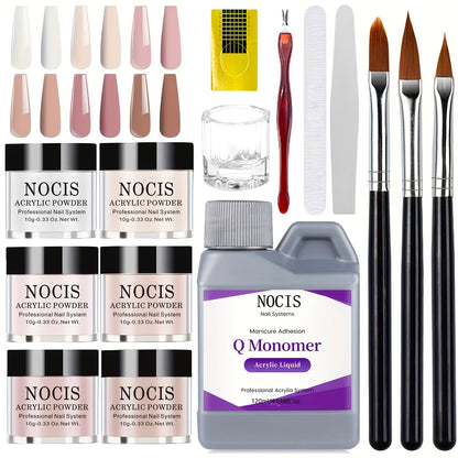 Six-Color Acrylic Nail Powder Set with Monomer Bottle and Application Tool Assortment in Three Set Codes
