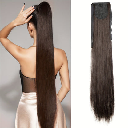 34 Inch Straight Ponytail Extension Ribbon Wrap – Long Sleek High Temperature Fiber Hairpiece for Women | Instant Wrap On Ponytail | Daily Wear Party Wedding | Brown Linen Champagne Olive Mixed