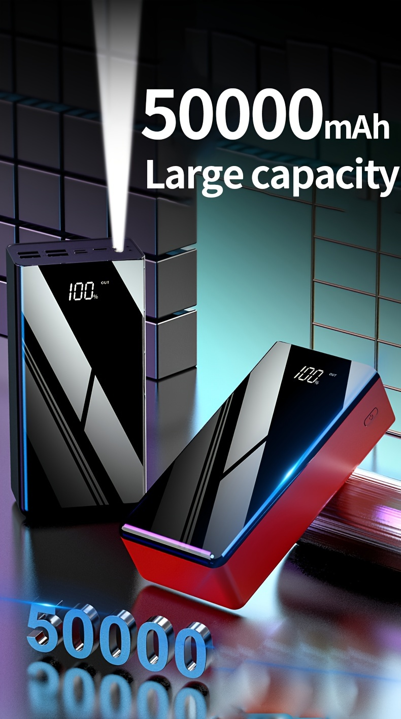 Portable Charger 50000mAh Large Capacity Power Bank LED Light Power Display Multi-Port USB-C Micro USB Fast Charge for Phones Electronics Outdoor Travel