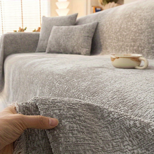 Sofa Cover 300 GSM Solid Chenille Throw with Fringe in Four Colors and Sizes from Single Seat to 71 x 150 Inches