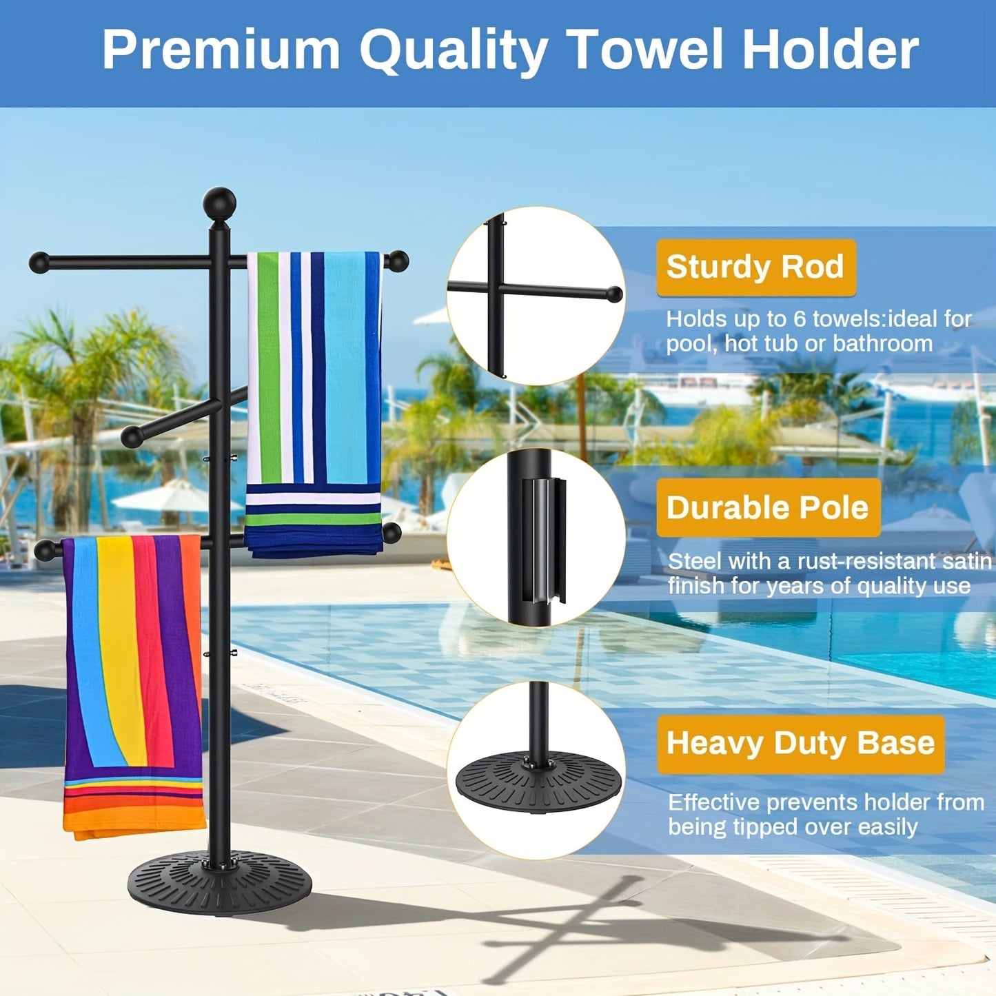 Freestanding Three-Bar Outdoor Pool Towel Rack with Hooks and Wide Base in Black Metal Finish