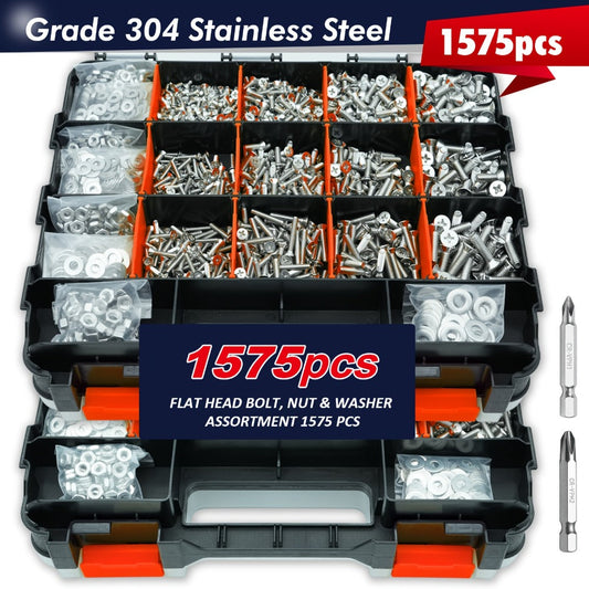 1575pcs 304 Stainless Steel Nuts and Bolts Assortment Kit – Pan Head Flat Head Screws Nuts Washers with Double-Sided Storage Box for Home & Mechanical Repairs