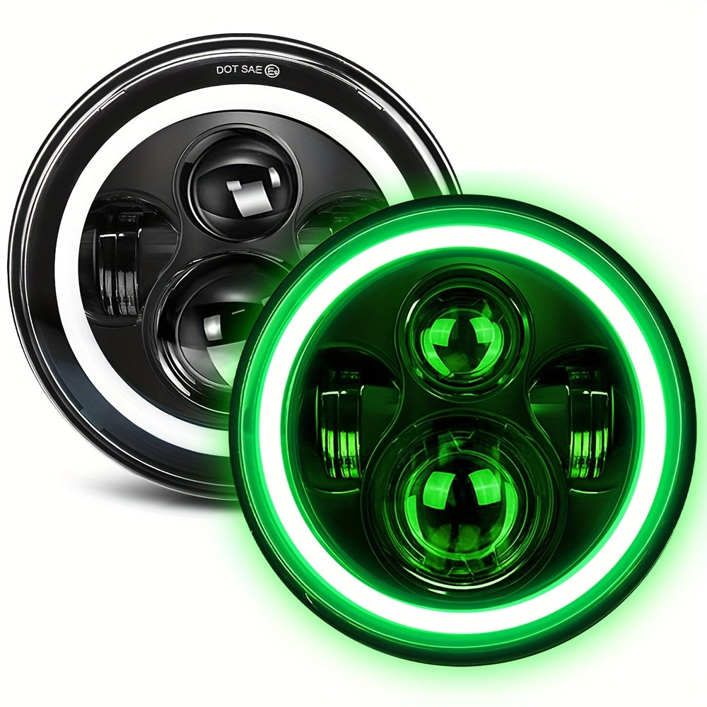 7 Inch Round LED Headlights for Jeep Wrangler JK TJ CJ Colorful DRL Halo Ring Amber Turn Signal High Low Beam, 2pcs White Red Green Blue Multi-Color Replacement Headlamp Set