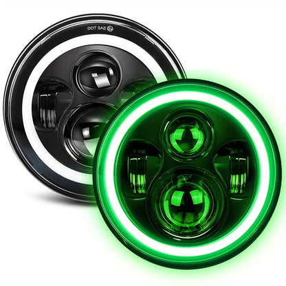 7 Inch Round LED Headlights for Jeep Wrangler JK TJ CJ Colorful DRL Halo Ring Amber Turn Signal High Low Beam, 2pcs White Red Green Blue Multi-Color Replacement Headlamp Set
