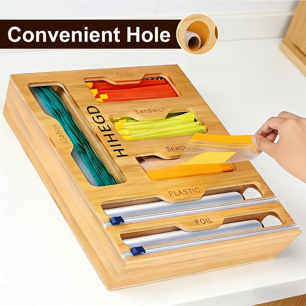 Bamboo Wrap Dispenser Kitchen Organizer 6-in-1 Bag Storage Box with Dual Cutters for Drawer or Wall
