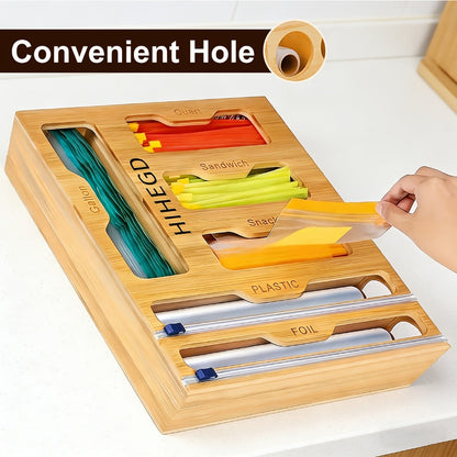 Bamboo Wrap Dispenser Kitchen Organizer 6-in-1 Bag Storage Box with Dual Cutters for Drawer or Wall