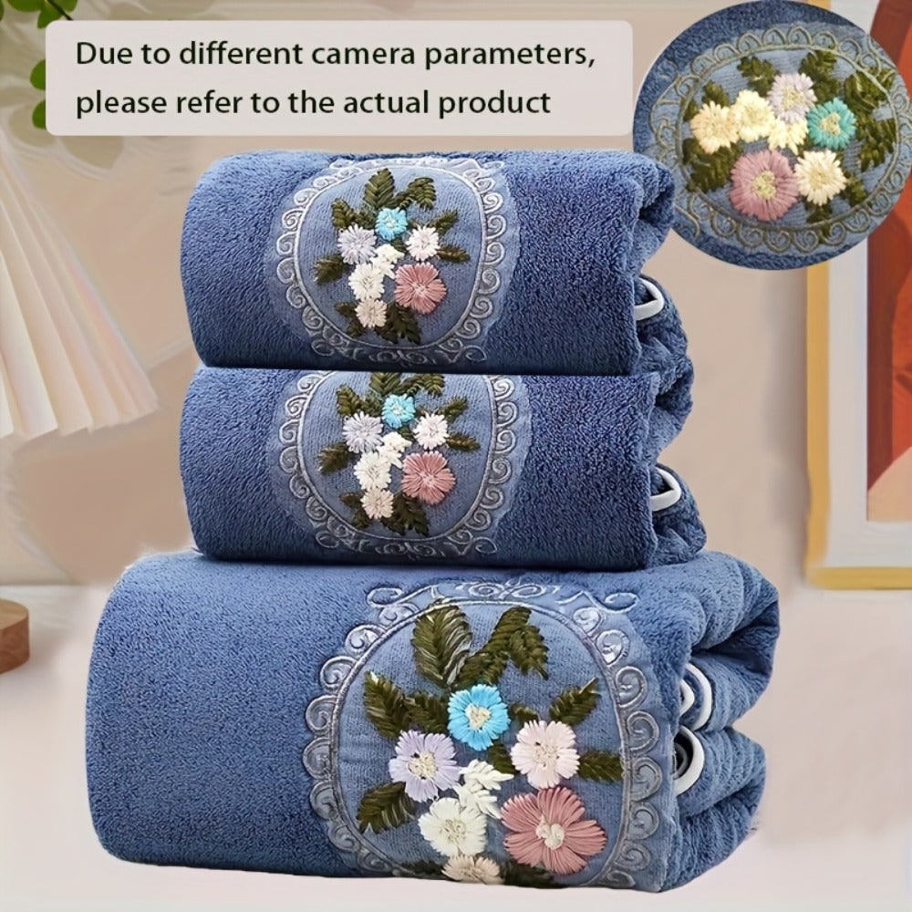 Towel Set 3-Piece Embroidered Flower Bath and Face Towels in White, Blue, Pink or Gray for Home and Guest Use