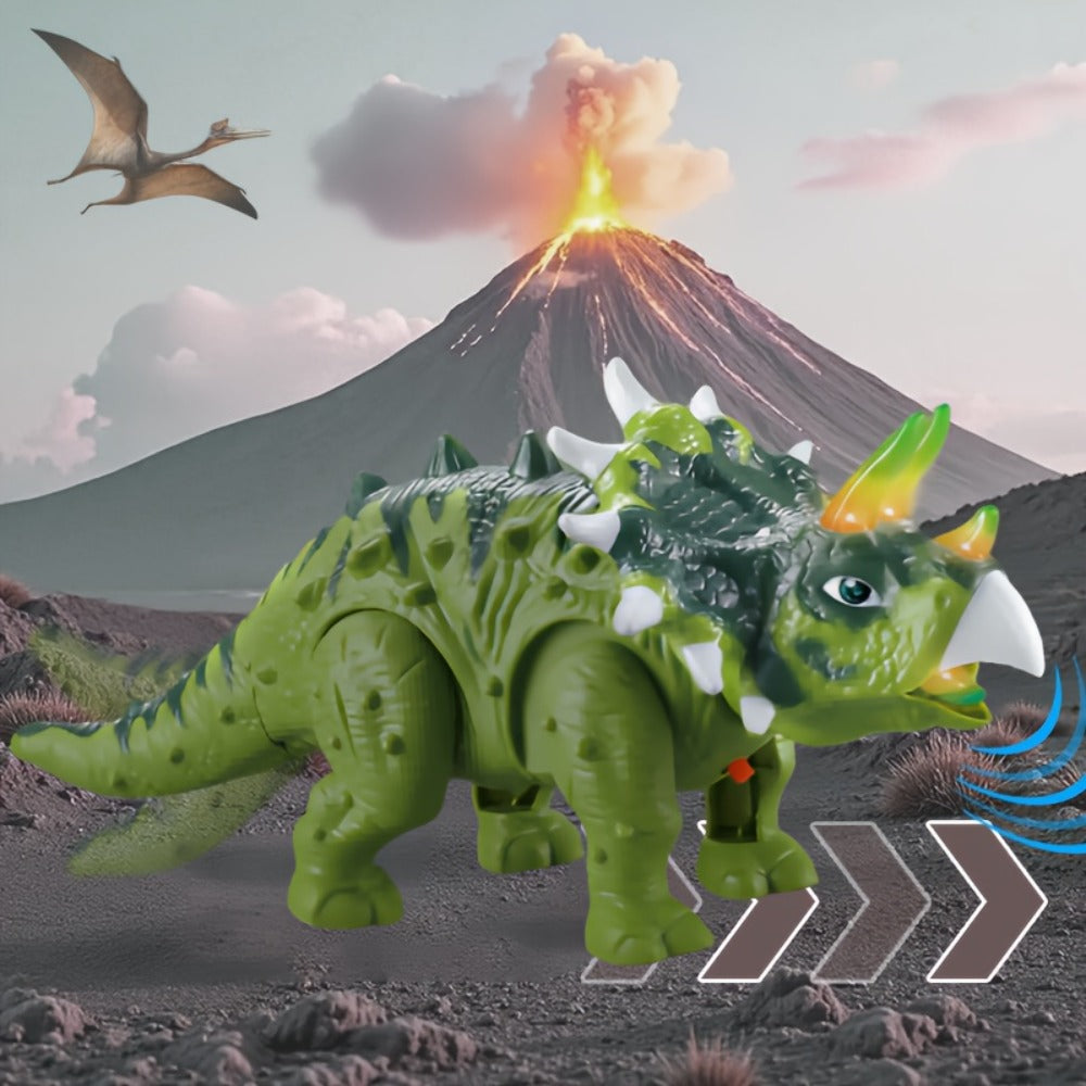 Walking Triceratops Dinosaur Toy with Roaring Sound, LED Lights and Green, Gray or Two-Piece Options