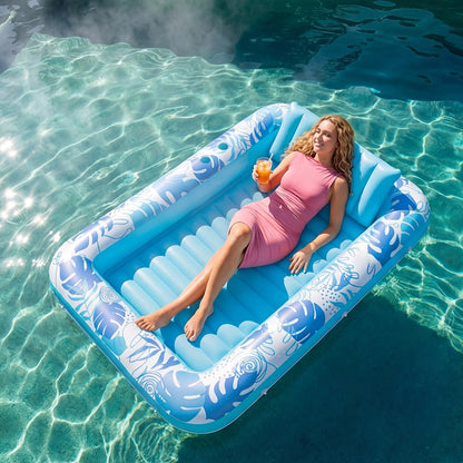 70 x 46-Inch Inflatable Pool Float Tanning Bed in Blue with Open Center, Ribbed Base and Raised Pillow