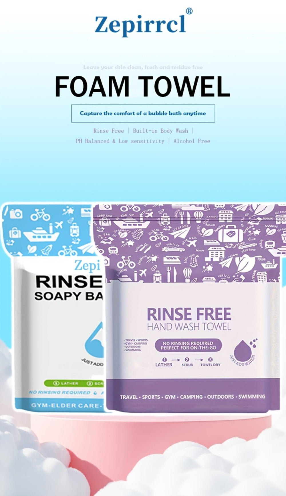 Disposable No-Rinse Foaming Bath Towels - Large 11.81" Body Wipes, Wet & Wipe Cleansing Cloths for Elderly Care, Camping, Post-Surgery, Fitness & Travel, Bulk 50/100/200 Pack, No Shower Needed
