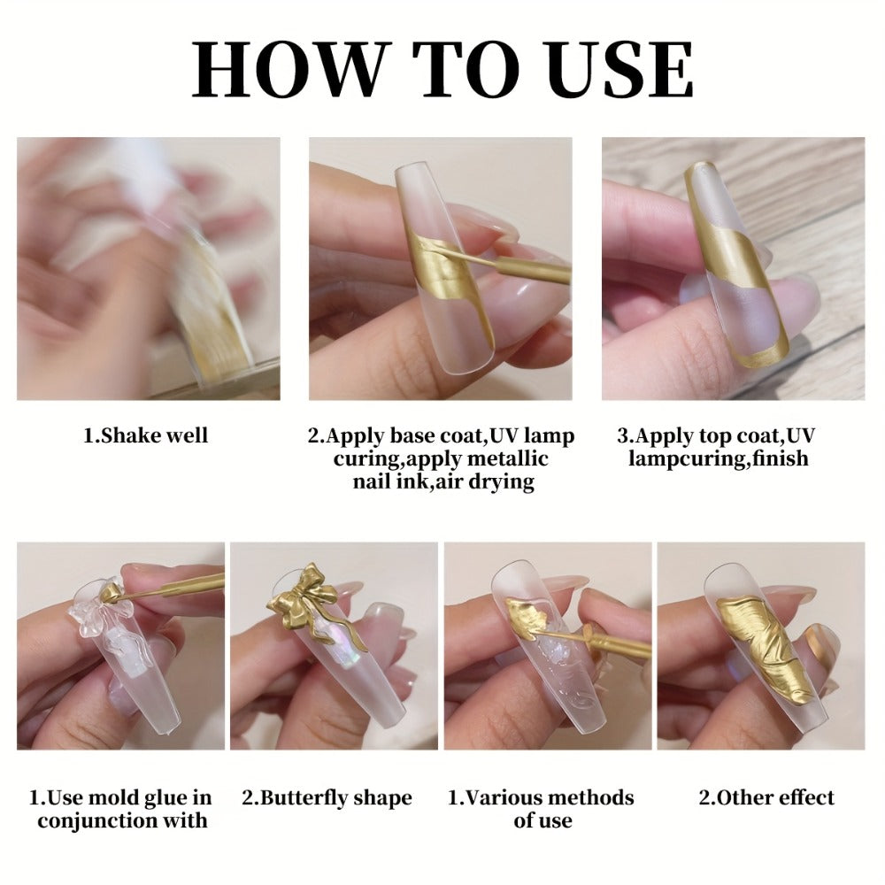 Metallic Smudge Nail Art Gel Four-Bottle Set in Gold, Silver and Rose Tones with Narrow Cap Brushes