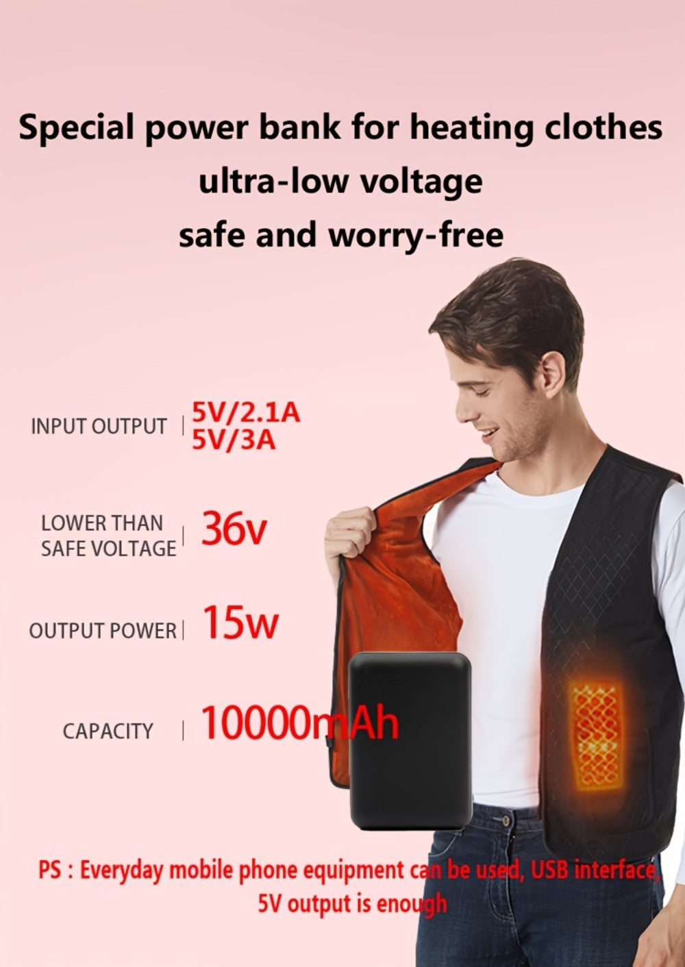 Power Bank 10000mAh 5V/3A with Dual USB Output, USB-C/Micro Input and LED Indicator for Heated Clothing