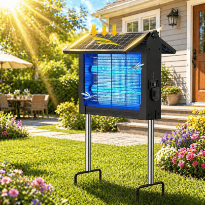 Dual-Panel Solar Bug Zapper with Rectangular Blue Grid Light in One or Two-Piece Black Options