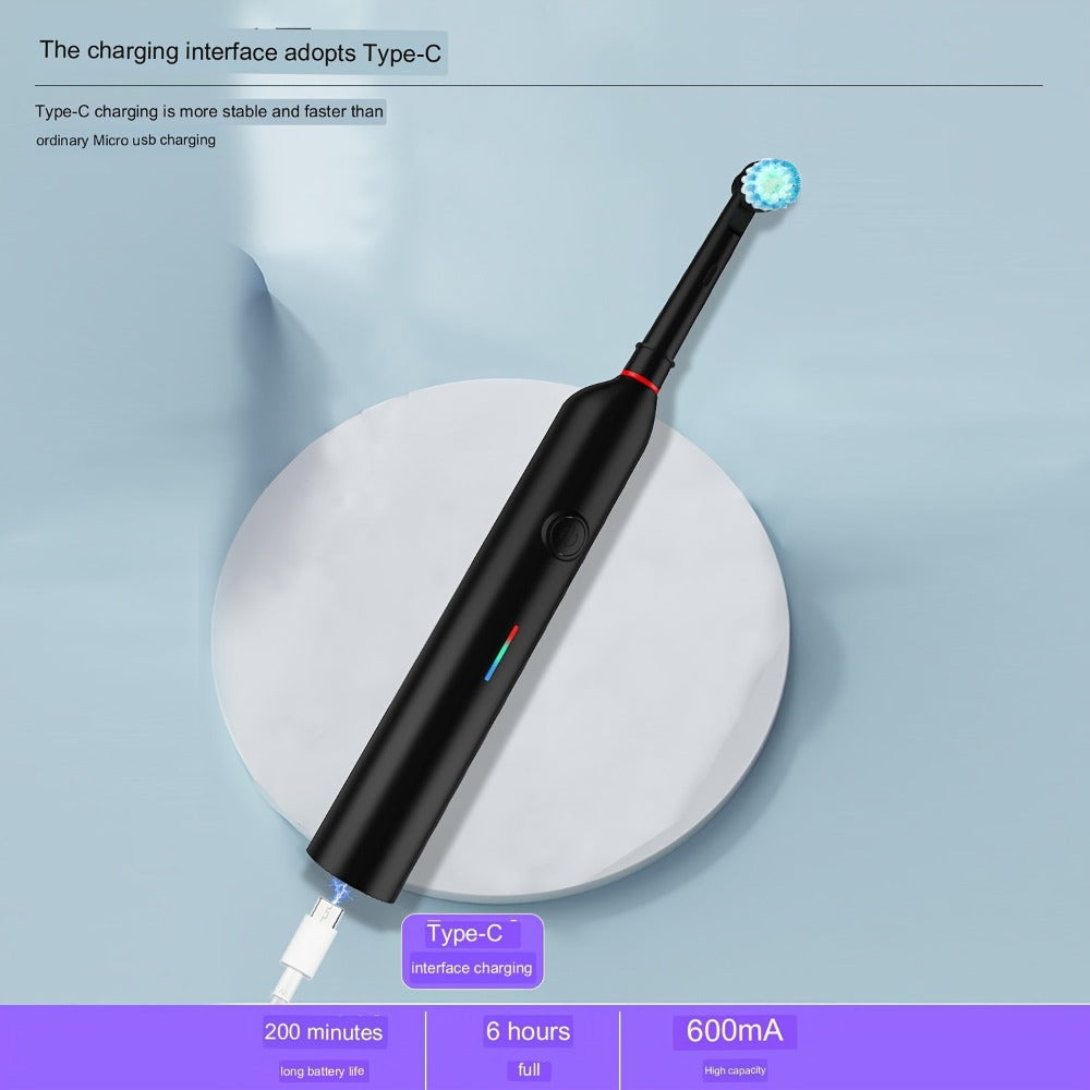 Electric Toothbrush with IPX7 Rating, Eight Round Brush Heads, Three Modes, Type-C Charging and Travel Case