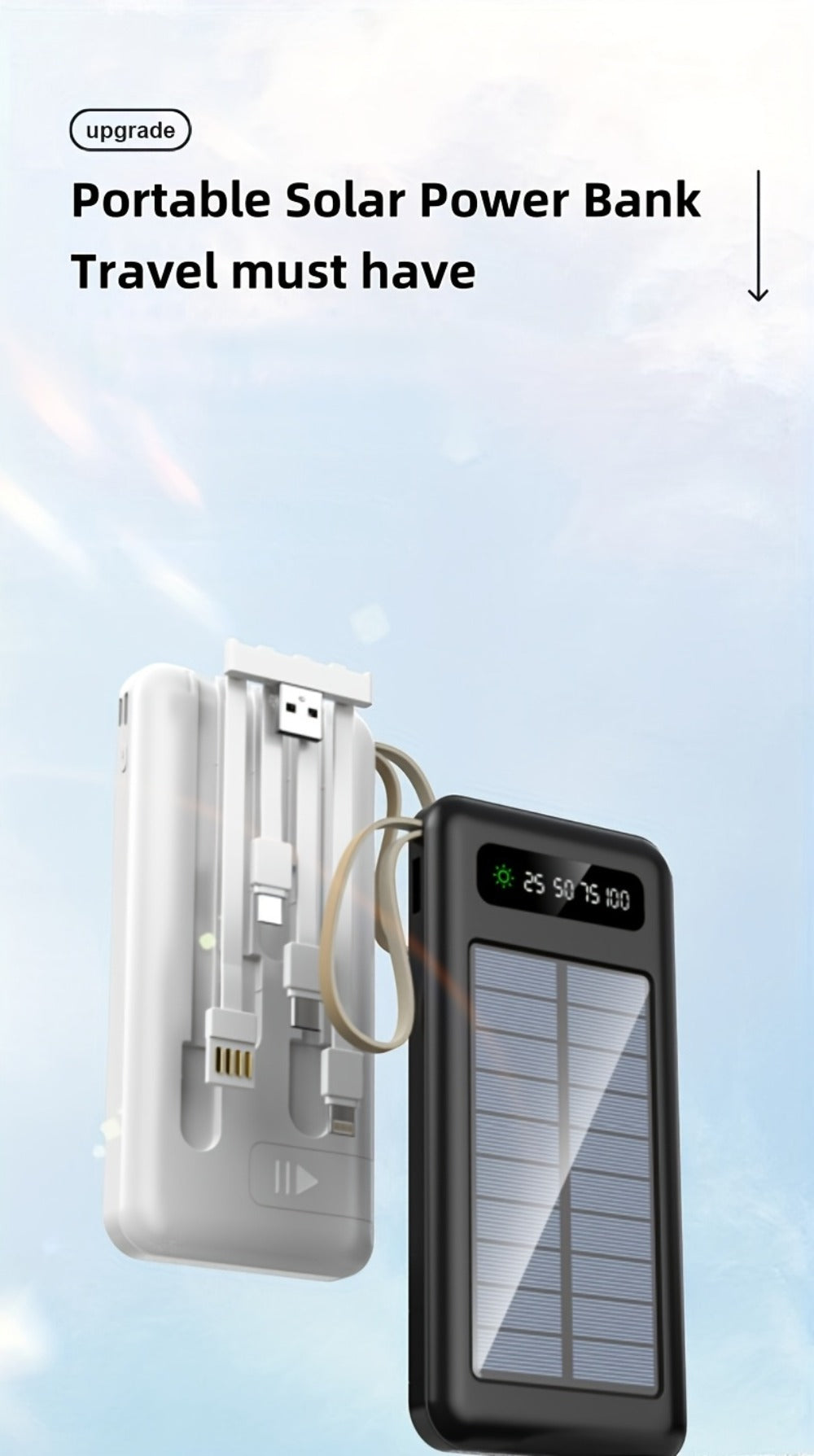 Solar Power Bank, 10000mAh to 30000mAh Charger with Built-In Cables, LED Light, Digital Display and 5W or 15W Options