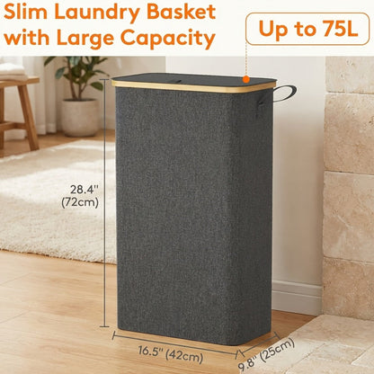 Slim Laundry Hamper with Lid & Removable Bag – Foldable Narrow Clothes Basket with Bamboo Handles for Bathroom, Bedroom & Dorm – 50L / 65L / 75L Space-Saving Collapsible Laundry Bin