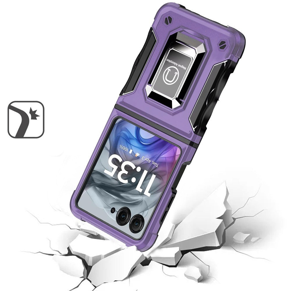 Motorola Razr 2024 Case Defender Metal Magnetic Ring Stand Hybrid Cover – Heavy Duty Shockproof TPU PC Armor with Kickstand & Magnetic Car Mount Compatibility