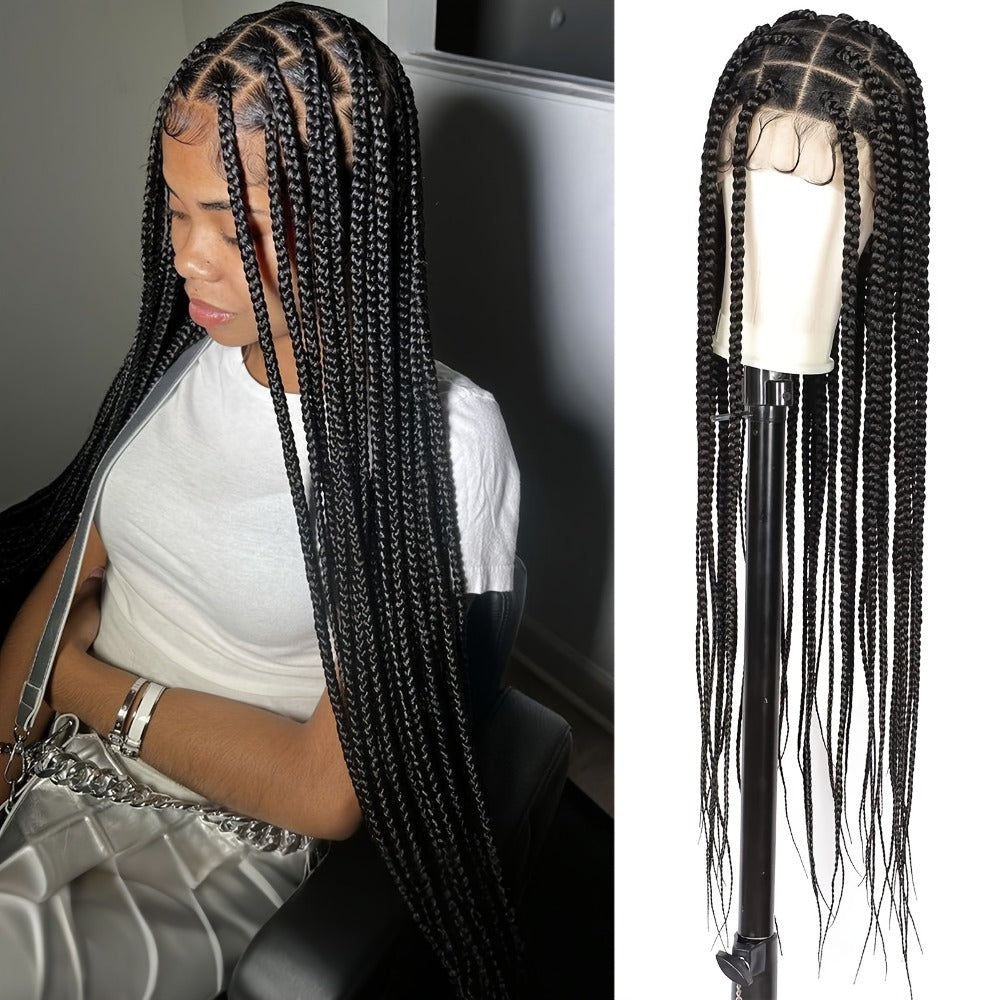 Curly Braid Full Lace Wig 40 Inch Handmade Lace Frontal Natural Black Extra Long Cascading Braids Protective Style for Women | Special Events Weddings Parties