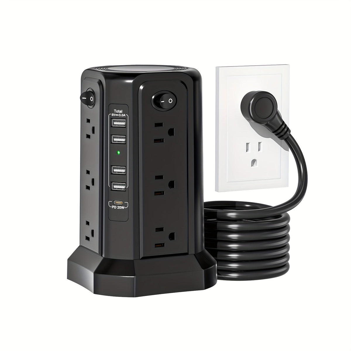 PD18W USB-C Power Strip Tower 21-in-1, 16 AC Outlets & 5 USB Ports, 1500J Surge Protector, Angled Flat Plug