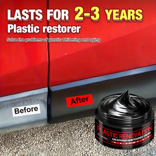 Car Plastic Restorer & Black Interior Trim Polish - Scratch Repair Paste, Anti-Aging Refurbishment Wax for Dashboard, Bumper, Tire Shine & Leather Seat Care, Works on All Car Interiors & Exteriors (30g + Sponge)